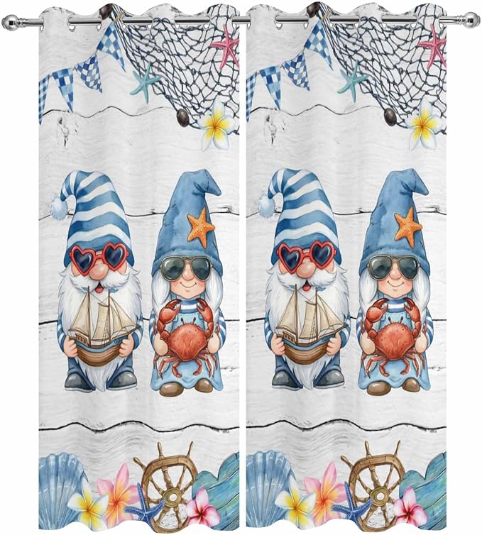 Ocean Gnome Outdoor Curtains for Patio Summer Marine Plumeria Shell Wooden