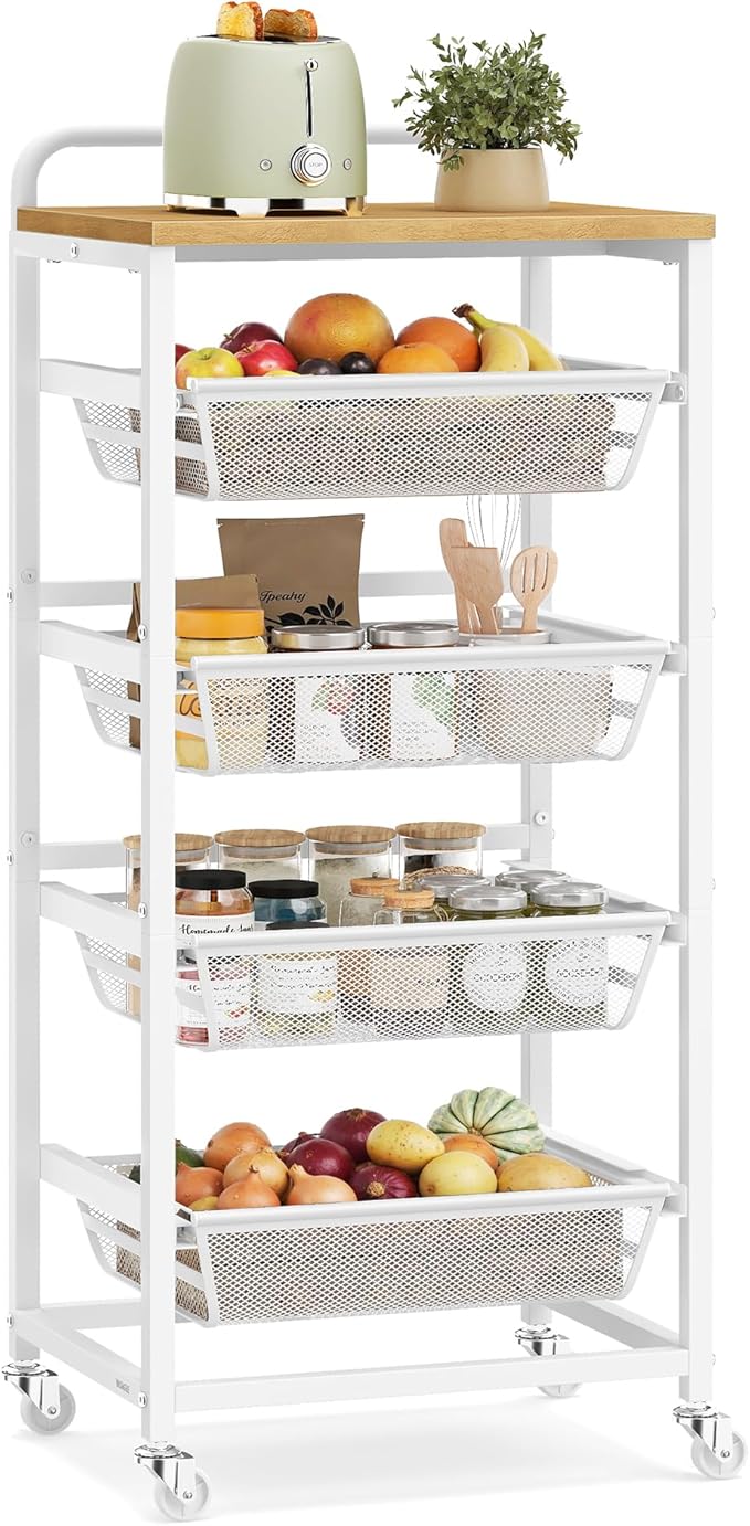 VASAGLE Kitchen Storage Cart with Pull-Out Baskets, 5-Tier Rolling Utility Cart with Wheels for Snacks, Handle, 12.5 x 15.8 x 37.4 Inches, Golden Oak and Matte White ULRC041YA01