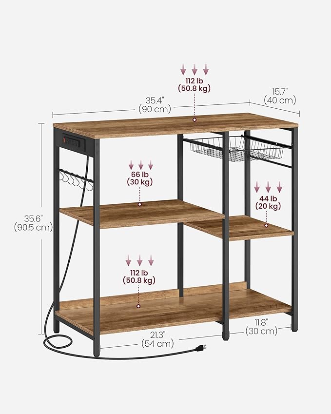 VASAGLE Baker's Rack, Coffee Bar Stand with Charging Station, 35.6 Inches Tall, Storage Shelves, Pull-Out Wire Basket, Table for Microwave, Kitchen, Honey Brown and Ink Black UKKS036K41