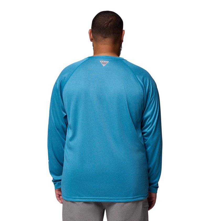 Columbia Men's PFG Terminal Tackle Long Sleeve Fishing Shirt, Blue Echo Heather/White Logo, X-Large