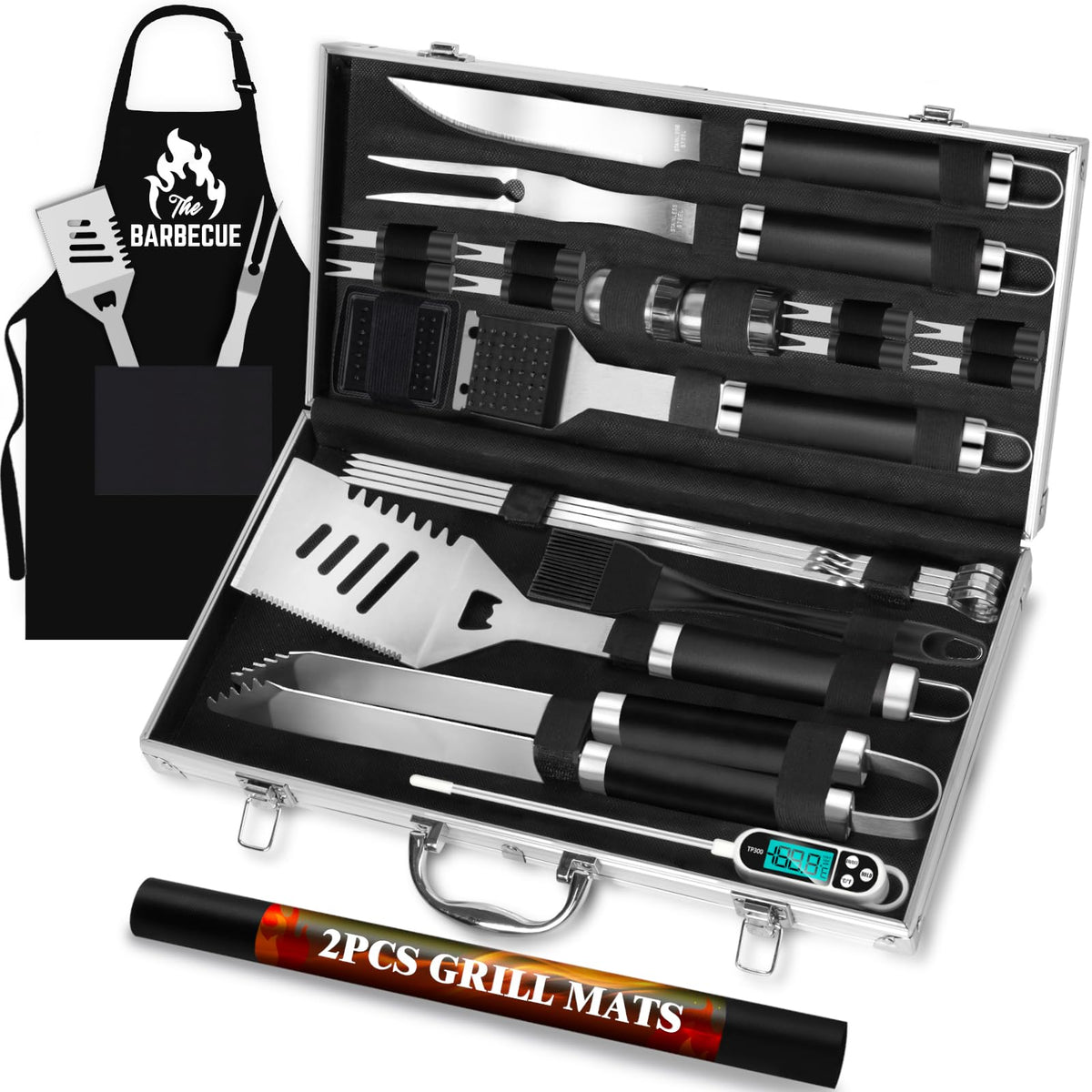ROMANTICIST 26pcs Grilling Gifts for Men, Dad Gifts for Father's Day, Stainless Steel BBQ Grill Accessories Tools Set, Heavy Duty BBQ Utensils Kit with Apron, Thermometer, Mats in Aluminum Case Silver