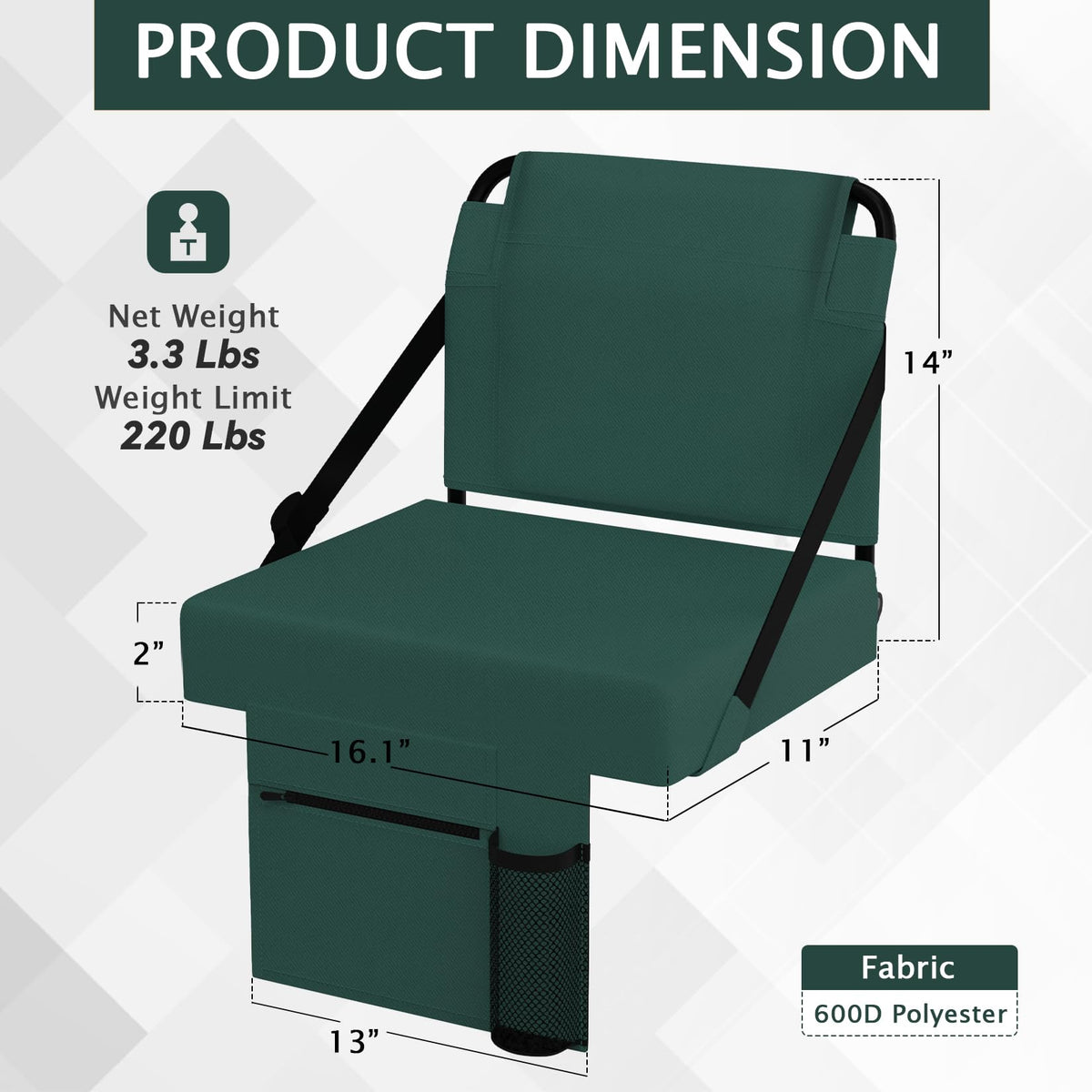 ACIPENSER 2pcs Stadium Seat for Bleachers with Back Support，Portable Bleacher Chairs with Back and Cushion，Includes Shoulder Strap and Cup Holder，Green