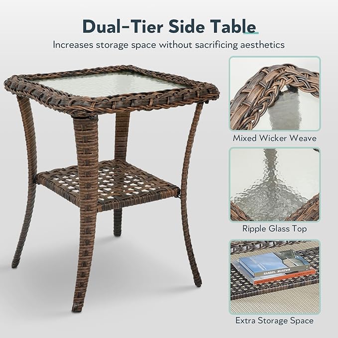 5 Pieces Wicker Patio Furniture Set - Hollow Widen Armrests Outdoor Rattan Chairs with Ottomans and Side Table, Small Patio Convention Set for Balcony Porch Deck and Yard - Brown - Gray