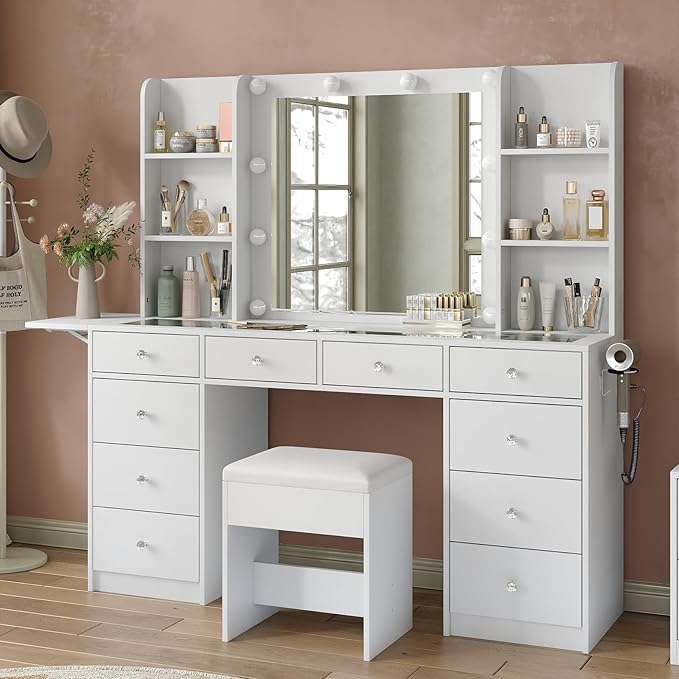 Vanity Desk with Power Outlet, 10 Drawers Makeup Vanity with Mirror and Lights, 3 Colors Adjustable, Fold-up Panel, Glass Top Vanity Set for Bedroom