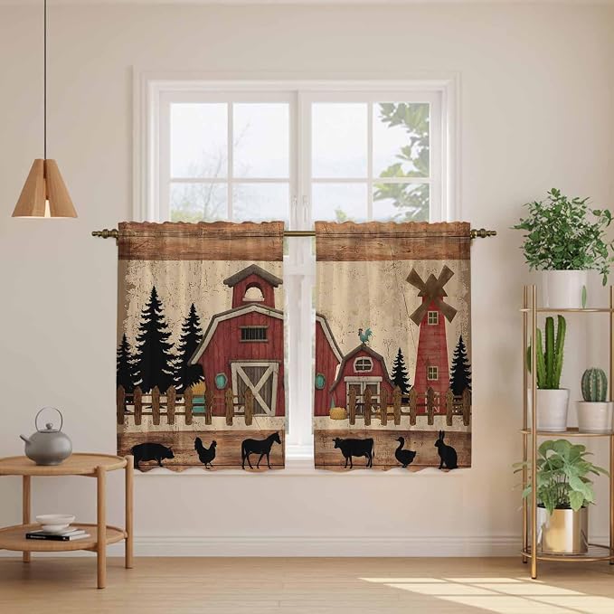 Brown Farmhouse Kitchen Curtains, Vintage Country Animals Wooden Grain Light