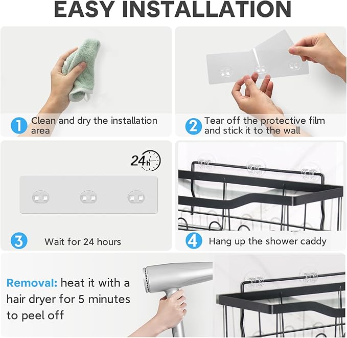 Shower Caddy Adhesive Replacement, Transparent Strong Adhesive Hooks, No Drilling, Waterproof, for Shower Caddy, Bathroom Storage Shelves and Kitchen Racks (Triple*6pcs + Single*4pcs)