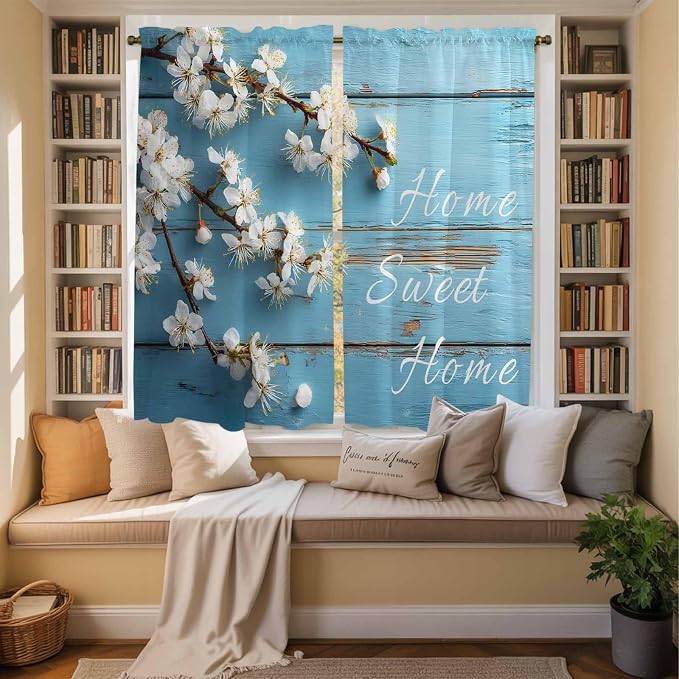 Farmhouse Wooden Grain Kitchen Curtains, Vintage Shabby Chic Flower Blue Light