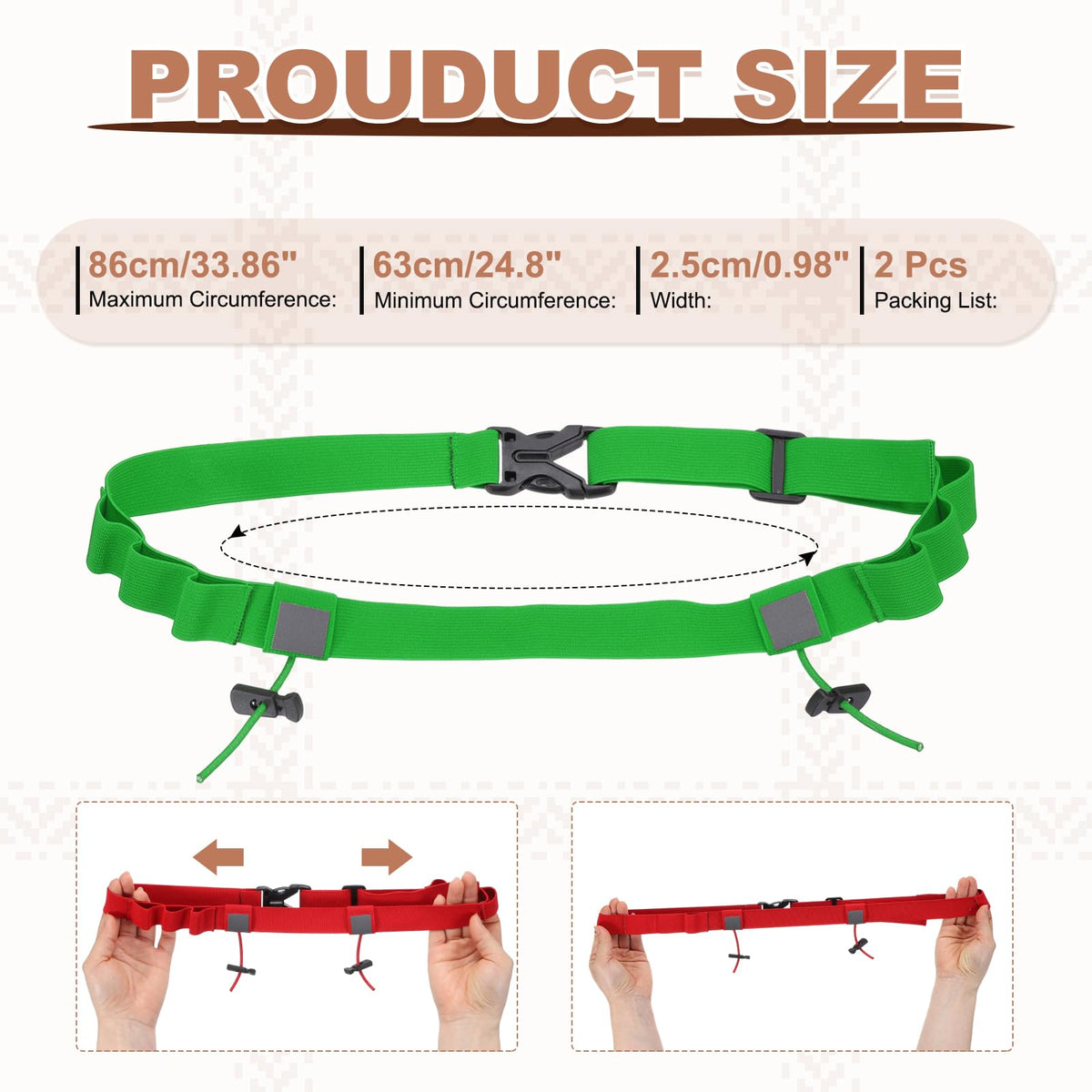 YELARXI Bib Belt, Race Belt Triathlon Running Number Holder Elastic Comfortable with 6 Gel Loops, Sport Race Bib Holder 2Pcs, Green for Runners/Marathon/Cycling