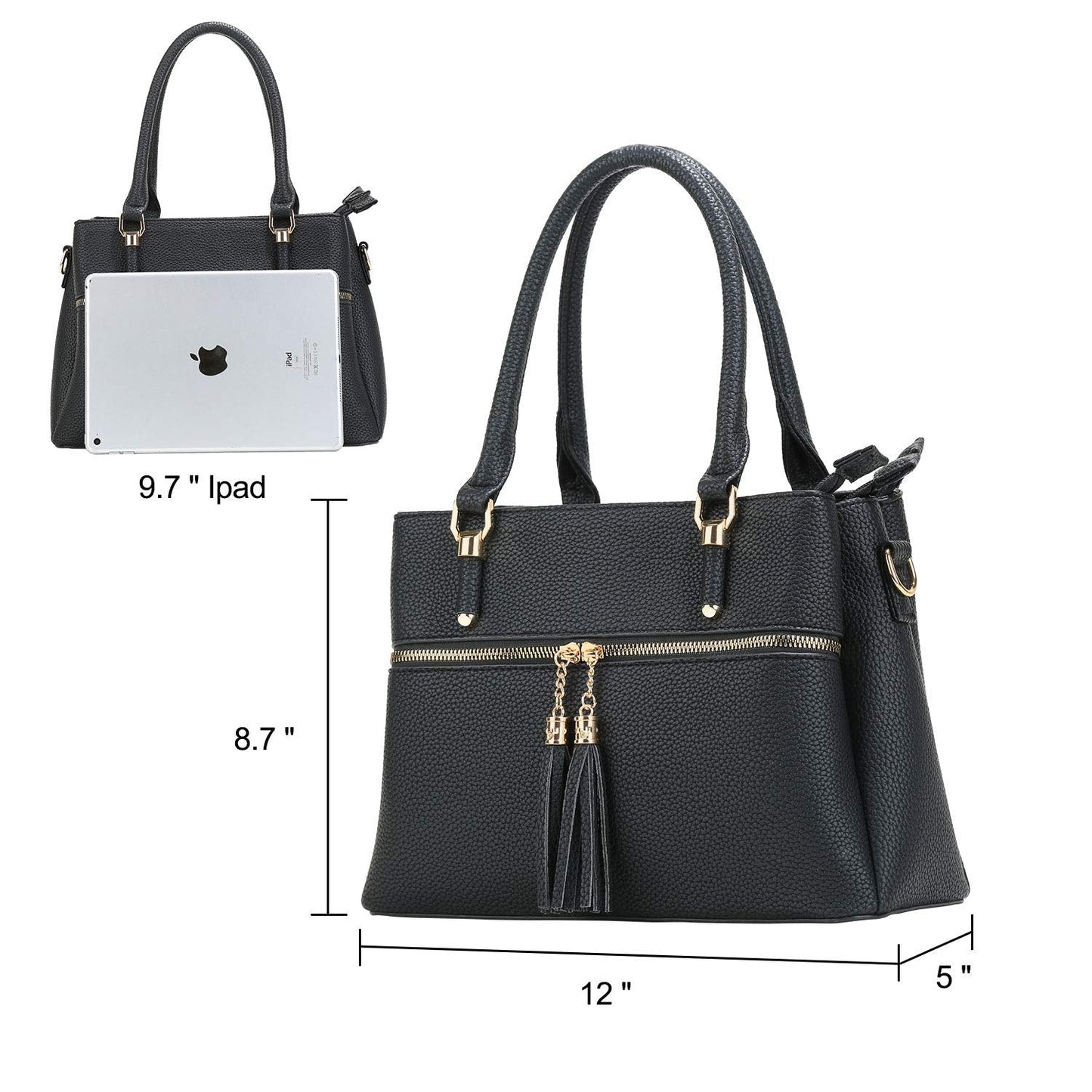 KKXIU 3 Zippered Compartments Purses and Handbags for Women Vegan Leather Ladies Multi Pocket Satchel Bags (D-black)