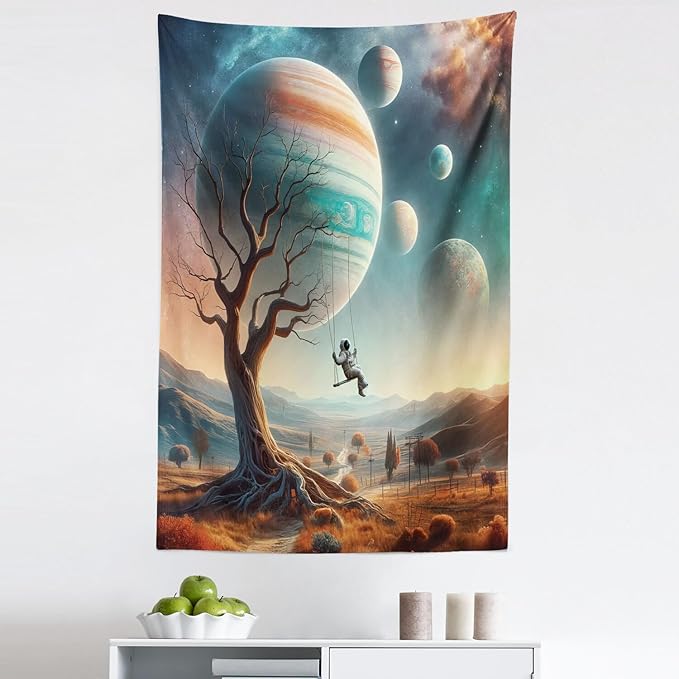 Ambesonne Space Tapestry, Scene of a Lonely Astronaut on a Swing in an Unknown Galaxy Among Planets and Trees, Fabric Wall Hanging Decor for Bedroom Living Room Dorm, 30" X 45", Teal Ginger