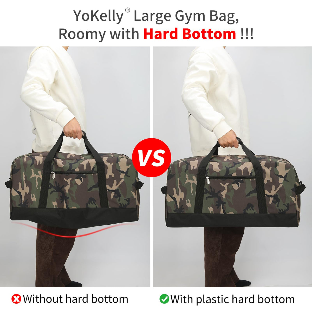YoKelly 55L Large Duffle Bag for Men Travel - 25 inch Sports Duffel Bag with Hard Bottom - Camo