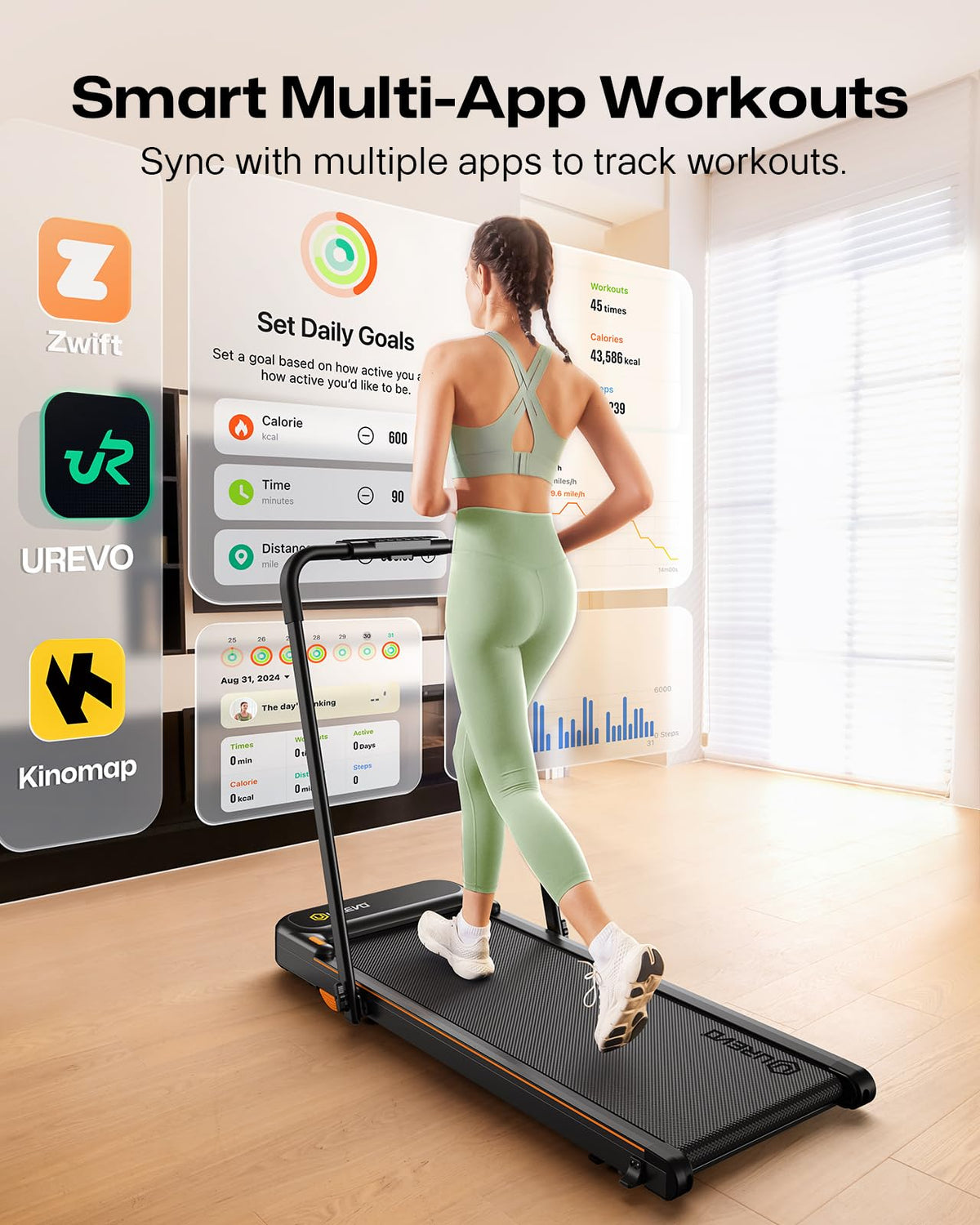 UREVO Strol 2E Smart 2-in-1 Folding Treadmill, Compact Walking Pad with Safety Handle, Plug and Play, Dual LED Display, Workout APP, Walking or Running for Home Office, Remote Included, Tangerine