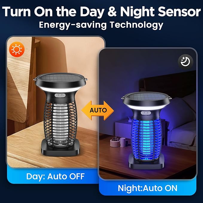 Solar Bug Zapper Outdoor Waterproof, Portable Pest Control Electric Mosquito Zapper Killer with Panel Sensor, Rechargeable Insect Trap Fly Zapper for Home, Patio, Backyard, Camping