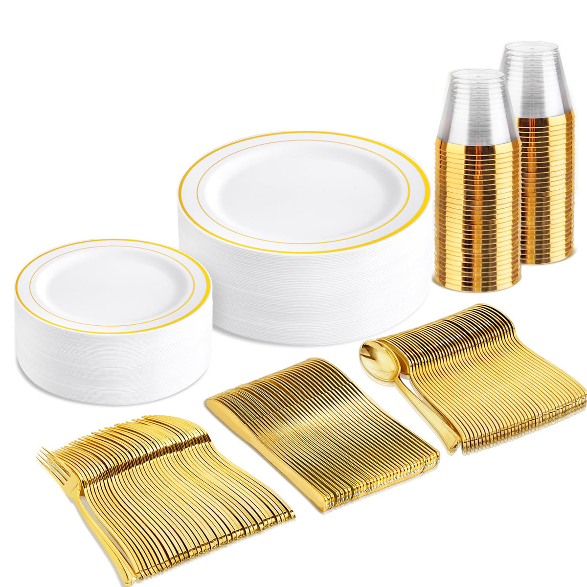 bUCLA 600PCS Clear Rose Gold Plastic Dinnerware Set Disposable - Include 100 Dinner Plates, 100 Dessert Plates, 100 Knives, 100 Forks, 100 Spoons, 100 Cups for Party & Wedding