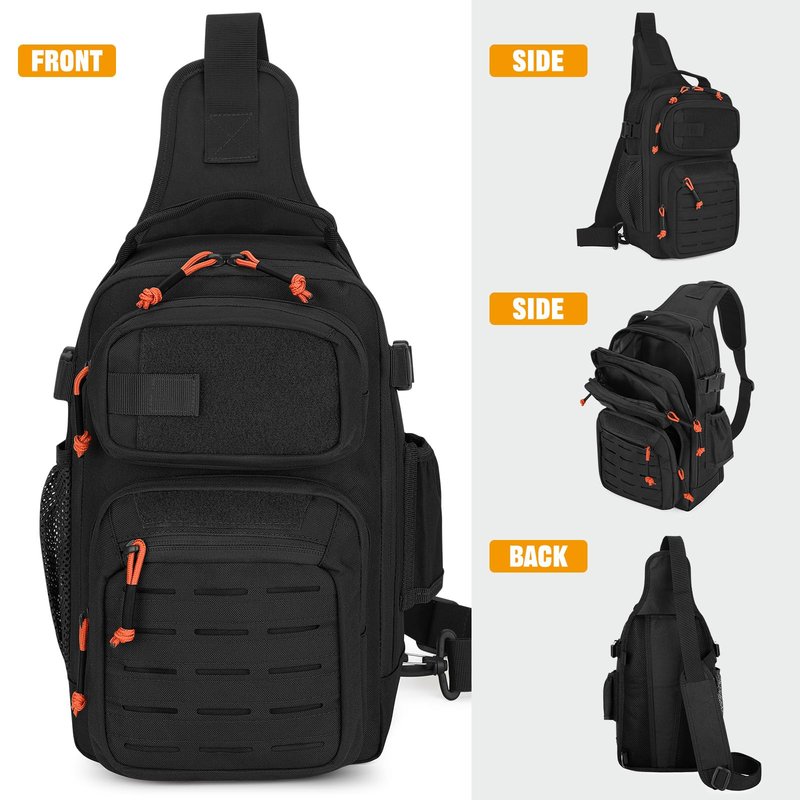 HUNTVP Fishing Sling Bag Lightweight Tackle Bag Small Fishing Backpack Tactical Shoulder Sling Bags with Rod Holder, Storge Gear and Equipment, Gifts for Men (Black)