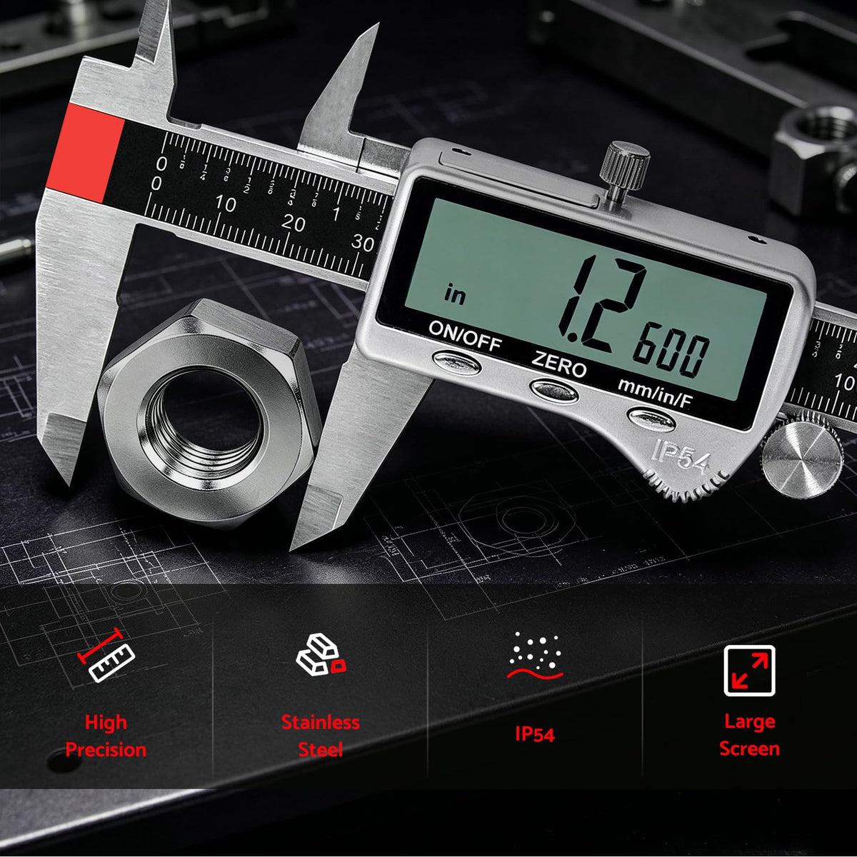 S&F STEAD & FAST Digital Caliper Measuring Tool 6 inch with Extra Large LCD Screen, Stainless Steel Micrometer Caliper Digital IP54, Measures Inch Mm Fraction for Workshop, 3D Printing