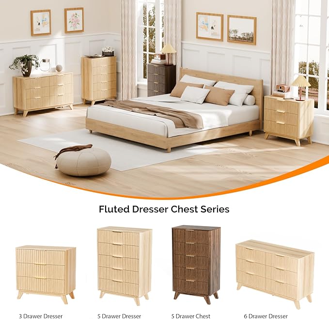 VINGLI Tall Dresser for Bedroom, Fluted Dresser Vertical Chest of Drawers, Tall Skinny Dressers with Rounded Edges, 29.92" W*15.6" D*44.88" H