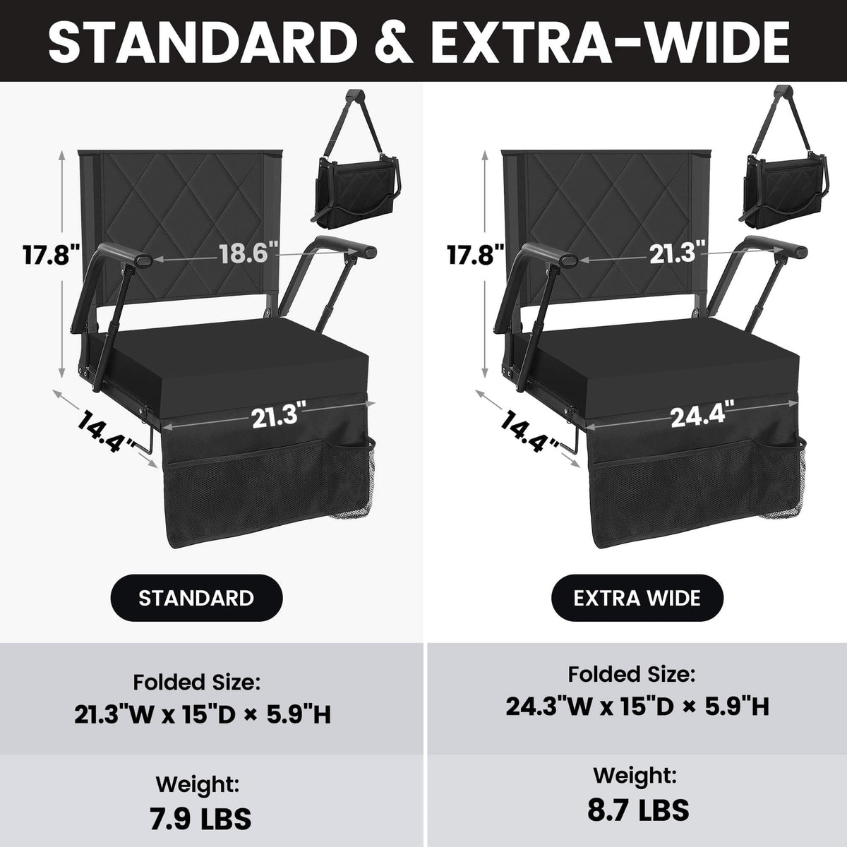 Sheenive Stadium Seats for Bleachers with Back Support (2 Pack) - 2.8'' Thick Wide Cushion & Padded Armrests, Cup Holder, Pockets, Carry Strap for Sports Events