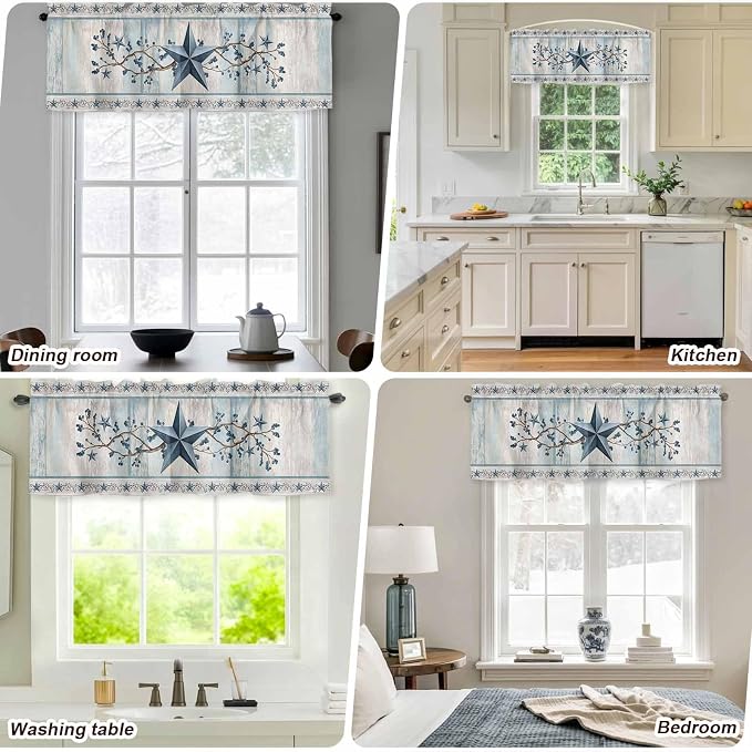 Blue Texas Star Valances for Windows, Vintage Star Berry Blue Beige Wood Grain