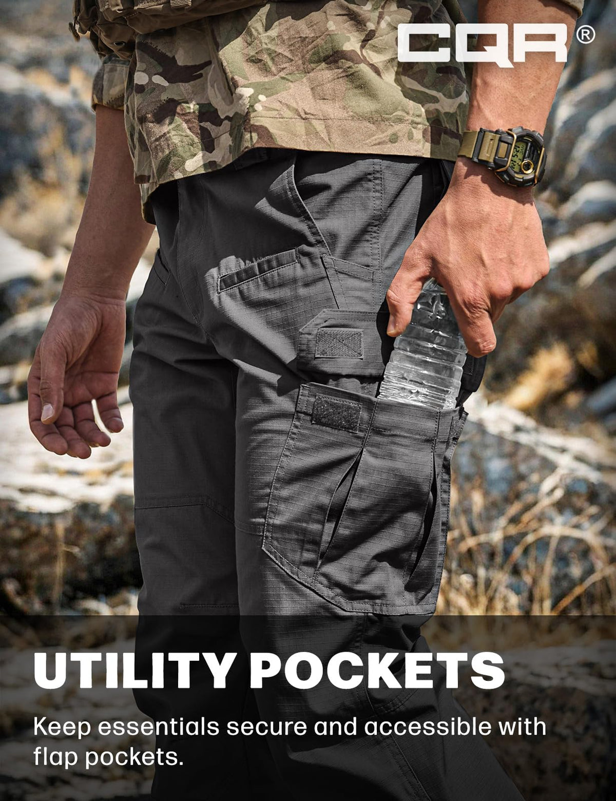 CQR Men's Tactical Pants, Water Resistant Ripstop Cargo Pants, Lightweight EDC Work Hiking Pants, Outdoor Apparel, Raider Charcoal, 46W x 30L