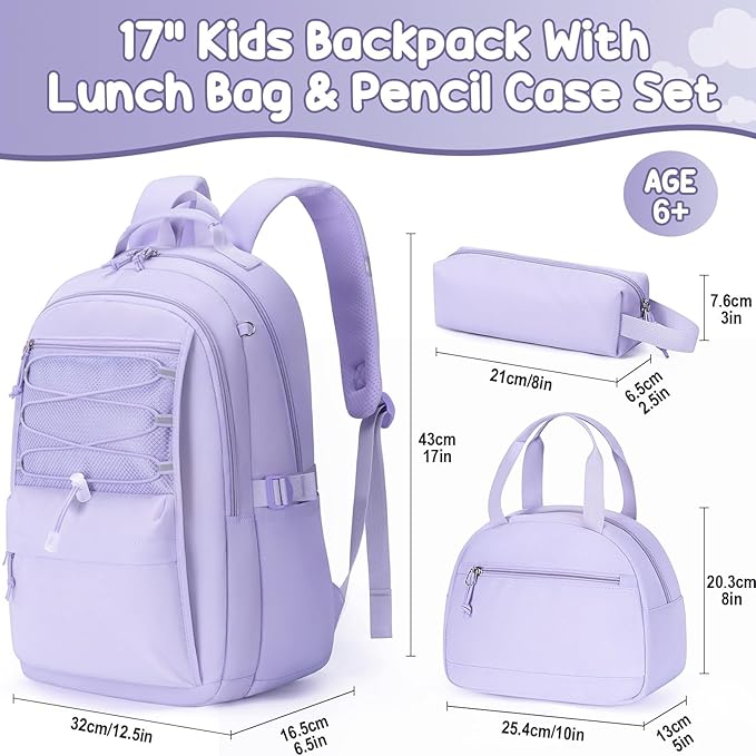 Fimibuke Kids Backpack for Girls, 3 PCS Waterproof Girls Backpack with Lunch Box & Pencil Case, Lightweight Bookbag Set for Kids Teen Girl Travel School Bag for Elementary Middle High School Students
