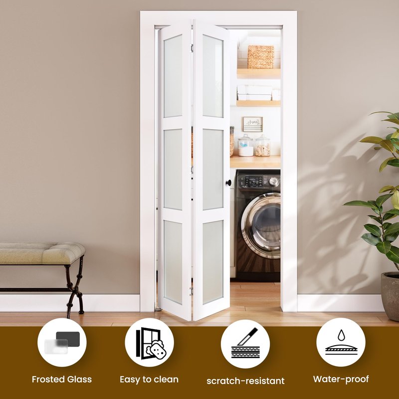 SMARTSTANDARD Bifold Door, for 28"x 80" Opening,Tempered Frosted Glass Closet Folding Barn Door with Hardware Kit, Water-Proof PVC Surface,Easy Install,White