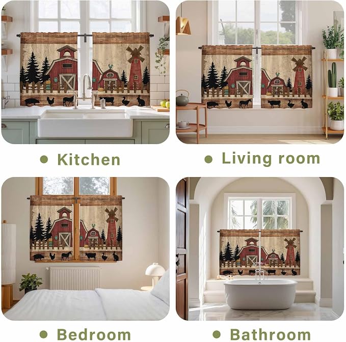 Brown Farmhouse Kitchen Curtains, Vintage Country Animals Wooden Grain Light