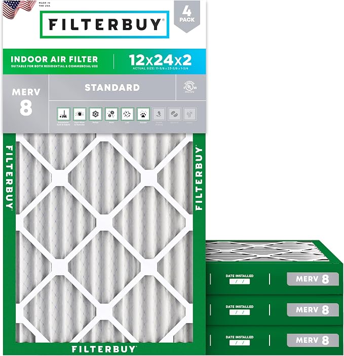 Filterbuy 12x24x2 Air Filter MERV 8 Essential Dust & Allergy Defense,