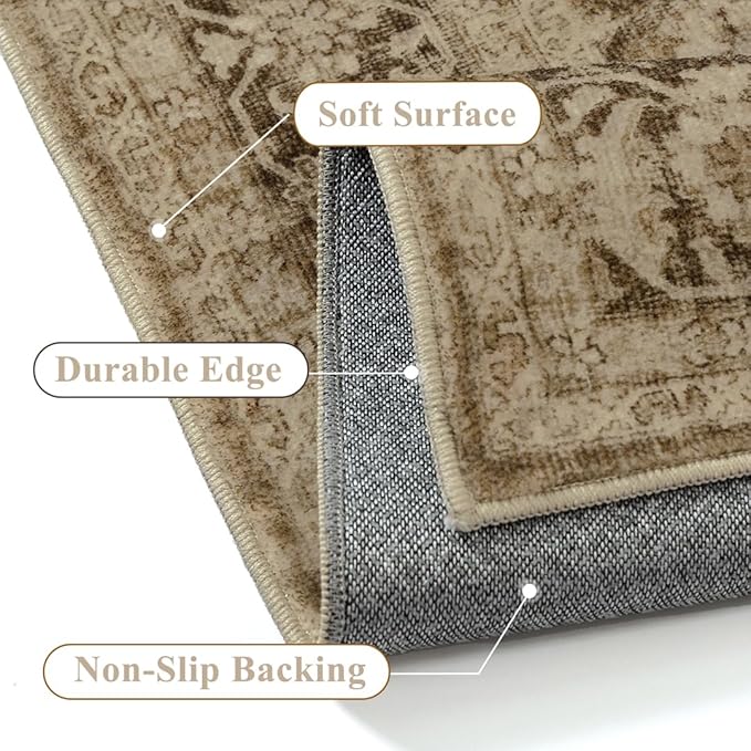 Brown 2x3 Entryway Area Rug Machine Washable Doormat Kitchen Vintage Distressed Non Slip Carpet Indoor Traditional Floral Accent Throw Small Rug for Bathroom Office Bedroom Living Dining Room