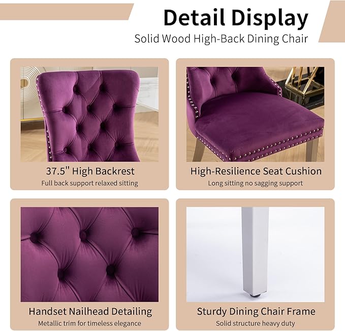 Luxury Upholstered Dining Chairs Set of 2, Purple Kitchen Chair with Silver Metal Legs, Velvet Tufted Back Dining Chair, Sillas de Comedor, Modern Kitchen & Dining Room Chairs (Purple, 2 Pcs)