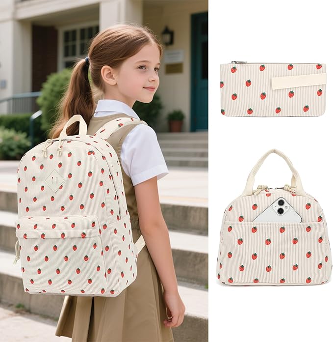 Corduroy Girls Backpack Set, 3PCS School Backpacks for Kids Elementary Middle School Bags with Lunch Box Pencil Case (Beige Corduroy Strawberry)