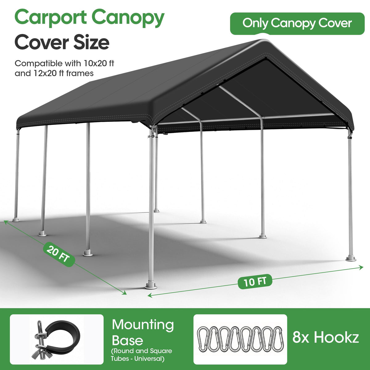 SIHAIAN 10 x 20 Ft Carport Replacement Canopy Cover(No Frame), Easy to Set up Carport Canopy, 500D Heavy-Duty Garage Top Tent Shelter Tarp Waterproof and UV Protected (Only Canopy Cover) Black