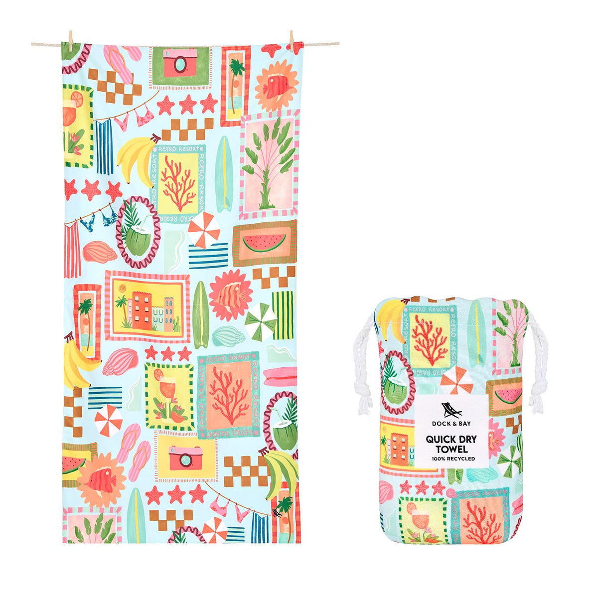Dock & Bay Beach Towel - Quick Dry, Sand Free - Compact, Lightweight - 100% Recycled - Includes Bag - Wish You were Here - Large (160x90cm, 63x35)