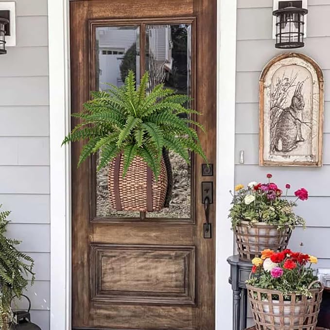 Ferns Artificial Plants Set of 2 Large Faux Ferns for Outdoor Planter 23.6" Dia. Realistic Potted | Hanging Boston Fern | Fake Shrubs for Home Garden Porch Farmhouse Decor