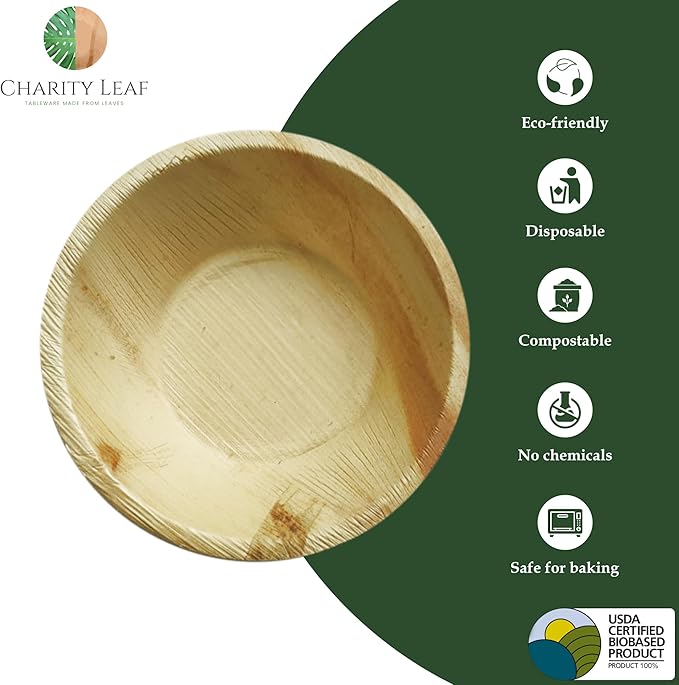 Charity Leaf Disposable Palm Leaf 6" Round Bowl (1000 pcs) Dipping Bowls | Bamboo Like| All Natural and Biodegradable | Charcuterie Boards, BBQs, and Parties
