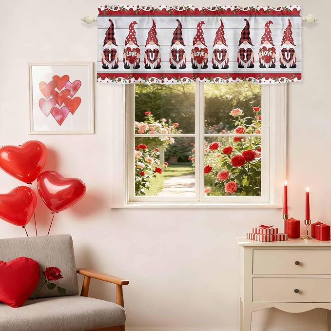 I Love U Valance Curtains for Kitchen, Valentine's Day Dwarf Romantic Wood