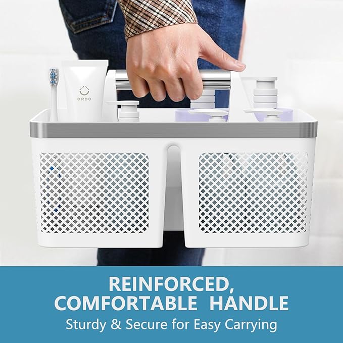 2Pack Shower Caddy Dorm: Portable Bathroom Caddy Organizer with Handle and Holes, Plastic Cleaning Caddy, Hard Shower Basket Storage Tote for Toiletry, College Dorm Room Essentials White/Silver