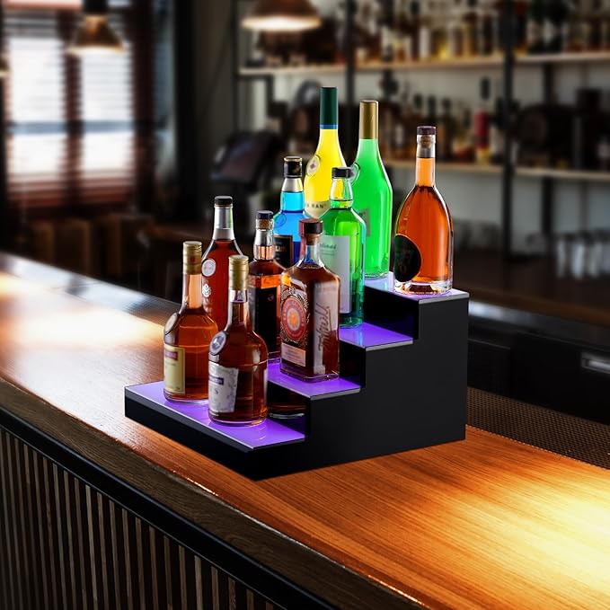 VEVOR LED Lighted Liquor Bottle Display, 4 Tiers 16 Inch Commercial Illuminated Home Bar Shelf, 4 Steps Whiskey Rack Stand, Acrylic Drink Shelves with RF Remote & App Control, and Multicolor Light