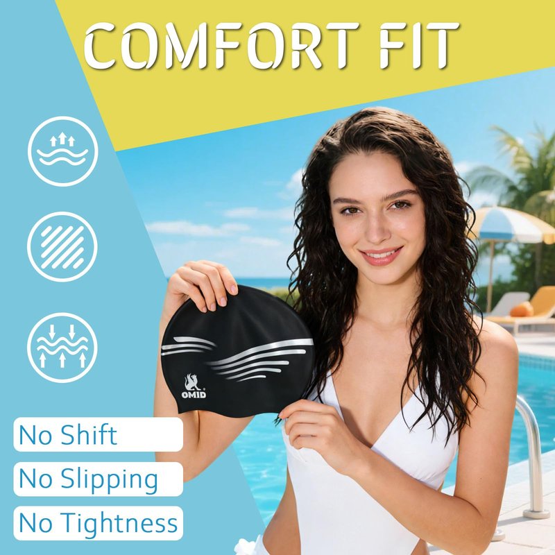 OMID Waterproof Swim Cap for Women with Long Hair - Chemical Resistant Silicone Swimming Cap, UV Protection for Pool Beach, Fits Dreadlocks and Thick Hair (Black)