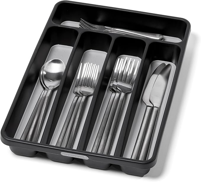 madesmart Classic 5 Compartment Compact Silverware Tray, Granite