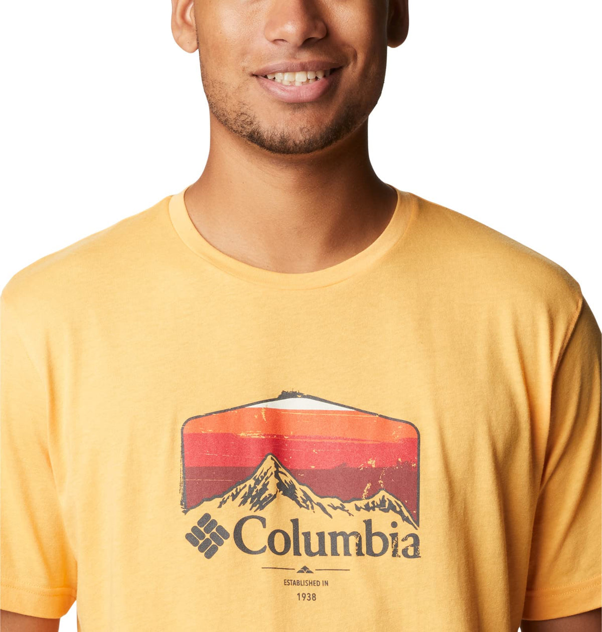 Columbia Men's Thistletown Hills Graphic Short Sleeve, Mango Heather/Hikers Graphic, Small