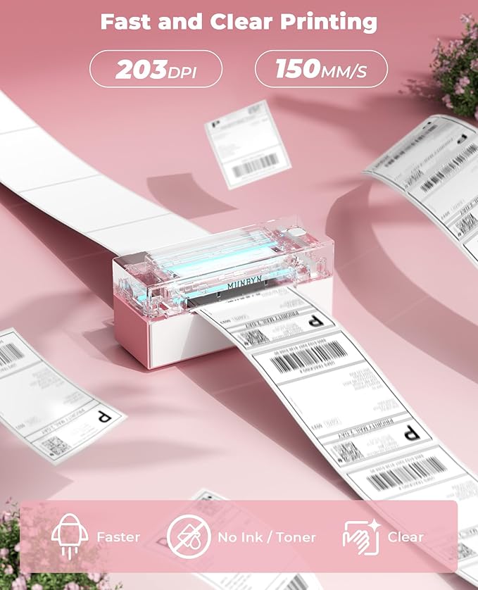 MUNBYN Bluetooth Thermal Label Printer, 4x6 Shipping Label Printer+2 Inch Pink Circle Thermal Sticker Labels+Label Holder for Rolls and Fanfold Labels