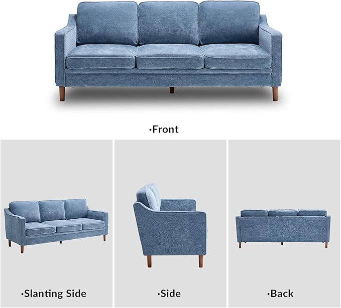 Kingfun 80" Chenille Sofa, 3 Seater Couch, Mid Century Modern Couches with Solid Wood Frame for Living Room & Bedroom, Light Blue