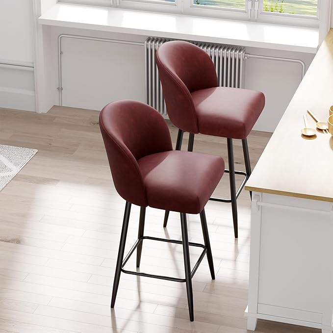Counter Height Bar Stools Set of 4,360° Swivel Barstools with High Back and Metal Legs,26" Seat Height, Upholstered PU Leather Bar Chairs for Kitchen Island, Dining Room,Cafes,Red