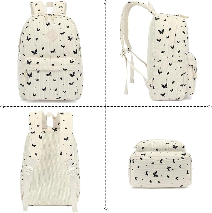 Corduroy Girls Backpack Set, 3PCS School Backpacks for Kids Elementary Middle School Bags with Lunch Box Pencil Case (Beige Corduroy Butterfly)