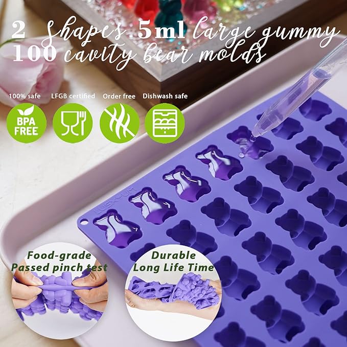 LUSHYUM Gummy Worm Molds Silicone 6ML 14ML, 4PCS Non-Stick Silicone Large Worm Molds for Chocolate Gummy Candy 60 Cavity with 2 Droppers & Brush, Ideal Gift for Kids Adult Halloween Party
