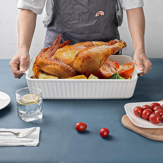 Dizada 9x13 Casserole Dish Set of 2 - Deep 4.2 Qt Porcelain Baking Dishes, Ceramic Bakeware for Lasagna, Roasts, Cake, Oven Microwave Safe(NO LIDS)