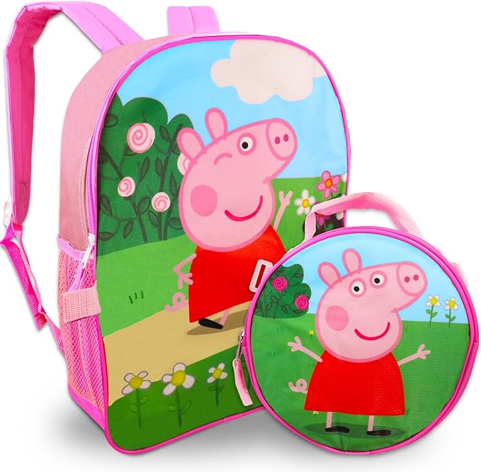 Peppa Pig Backpack and Lunch Box for Kids - 4 Pc Bundle with 16" Peppa Pig School Backpack Bag, Lunch Bag, and More (Peppa Pig School Supplies)