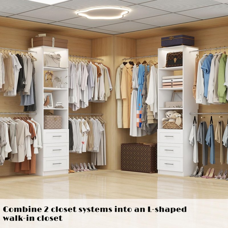 Closet System with Drawers, 5FT-9FT Custom Closet Organizer System 114.9" Walk in Wood Closet Storage System with 4 Expandable Hanging Rods Wall Mount White