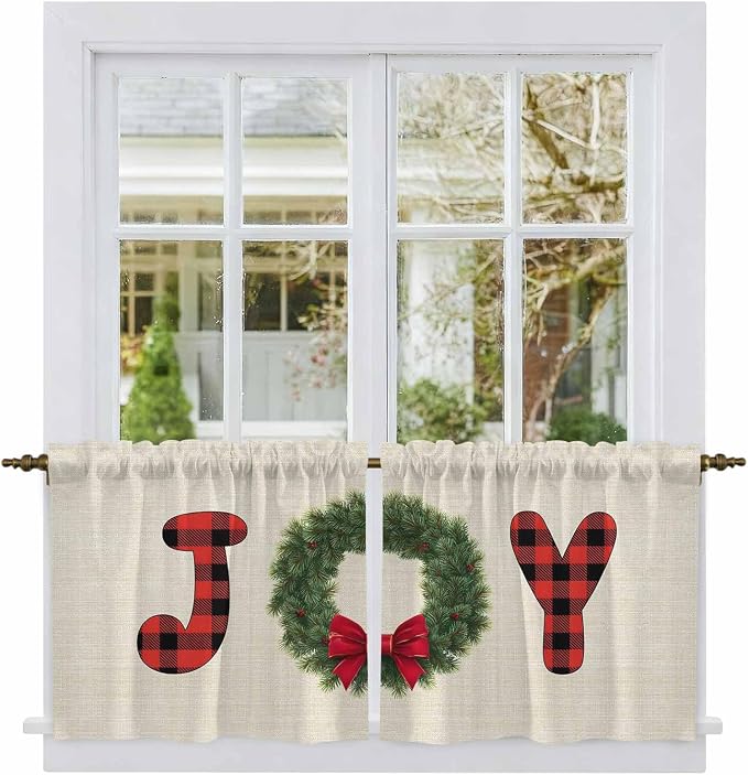 Red Green Christmas Kitchen Tier Curtains 24 Inch Long 2 Panel Set, Rod Pocket